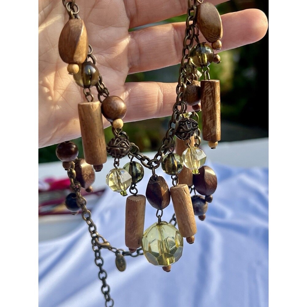 Vintage Cookie Lee Boho Statement Necklace - Wood Barrel Beads Green Lucite